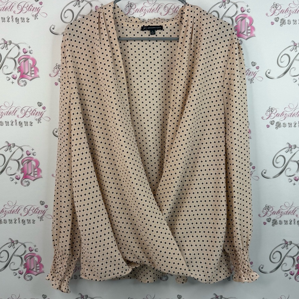 Adrianna Papell long sleeve smocked dotted Beige Black Polka Dot Blouse